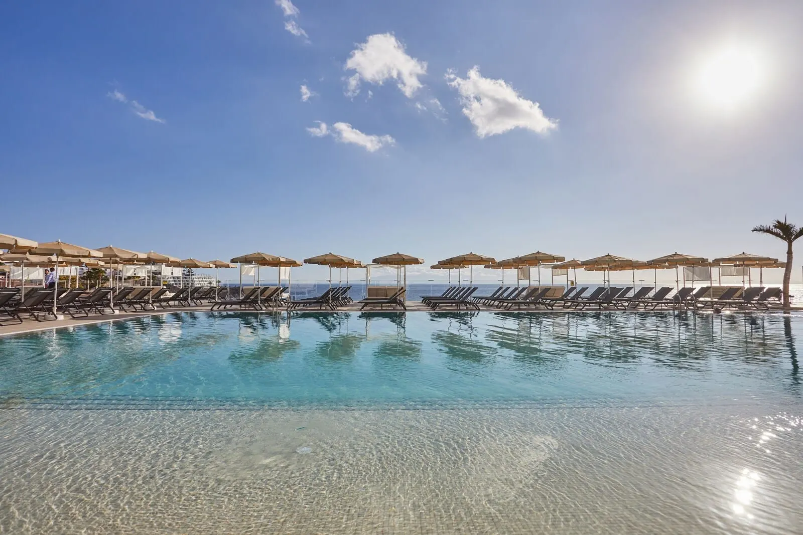 TUI Blue Los Gigantes: A clear pool with sun umbrellas and lounge chairs, a clear sky, and a palm tree