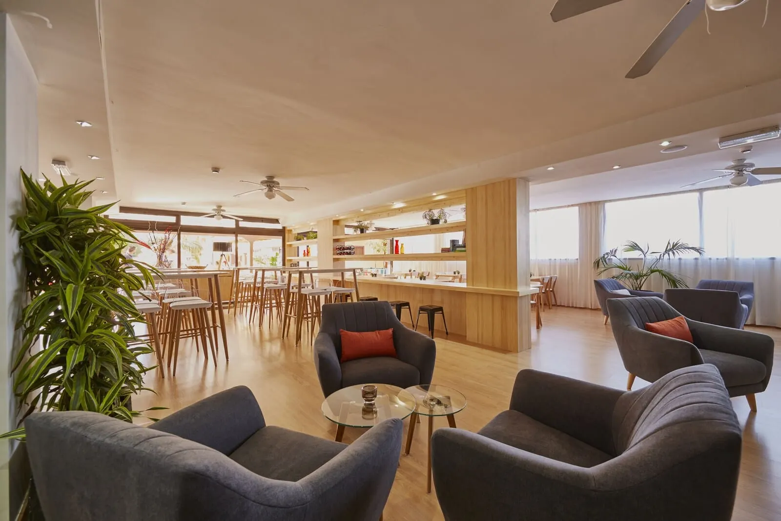 Coral Los Alisios: A spacious lobby with modern furniture, a bar area, and large windows
