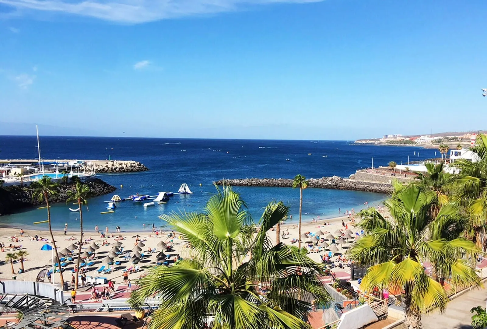 Flamingo Beach Mate: A beach with palm trees, a pier, and boats