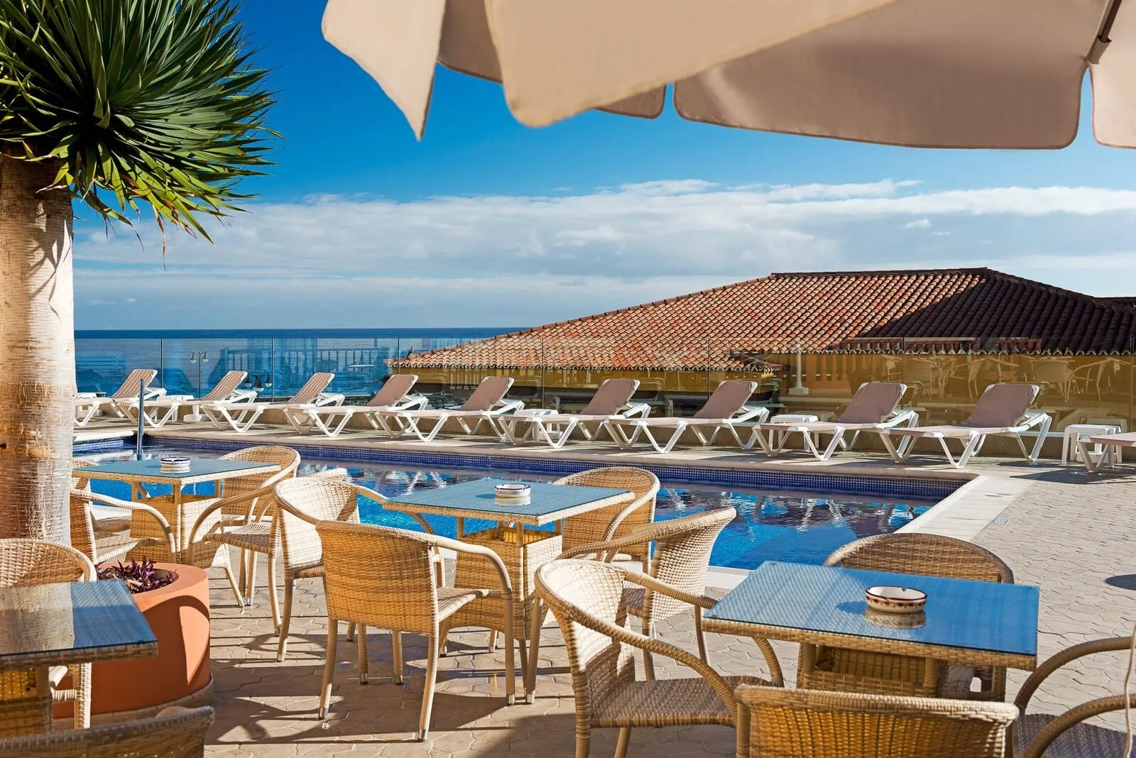 Hotel Monopol: A poolside area with lounge chairs and tables, a clear view of the ocean