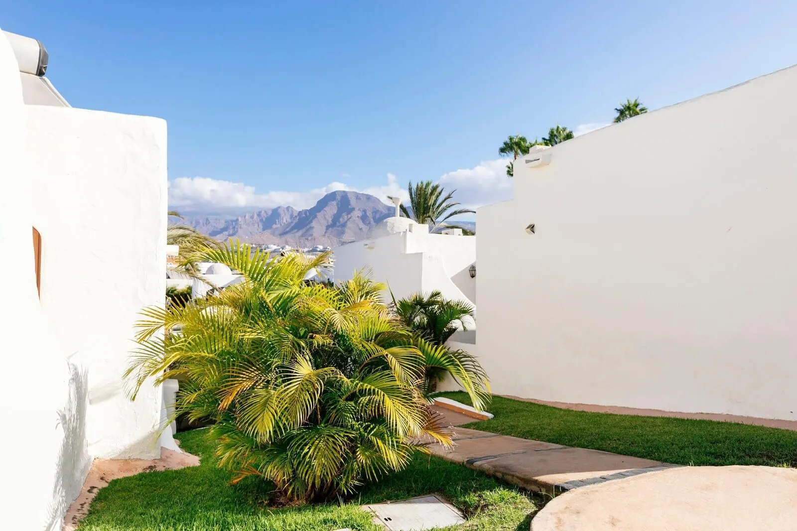 HD Parque Cristóbal Tenerife: A white-walled building with a small garden and palm trees, a clear sky