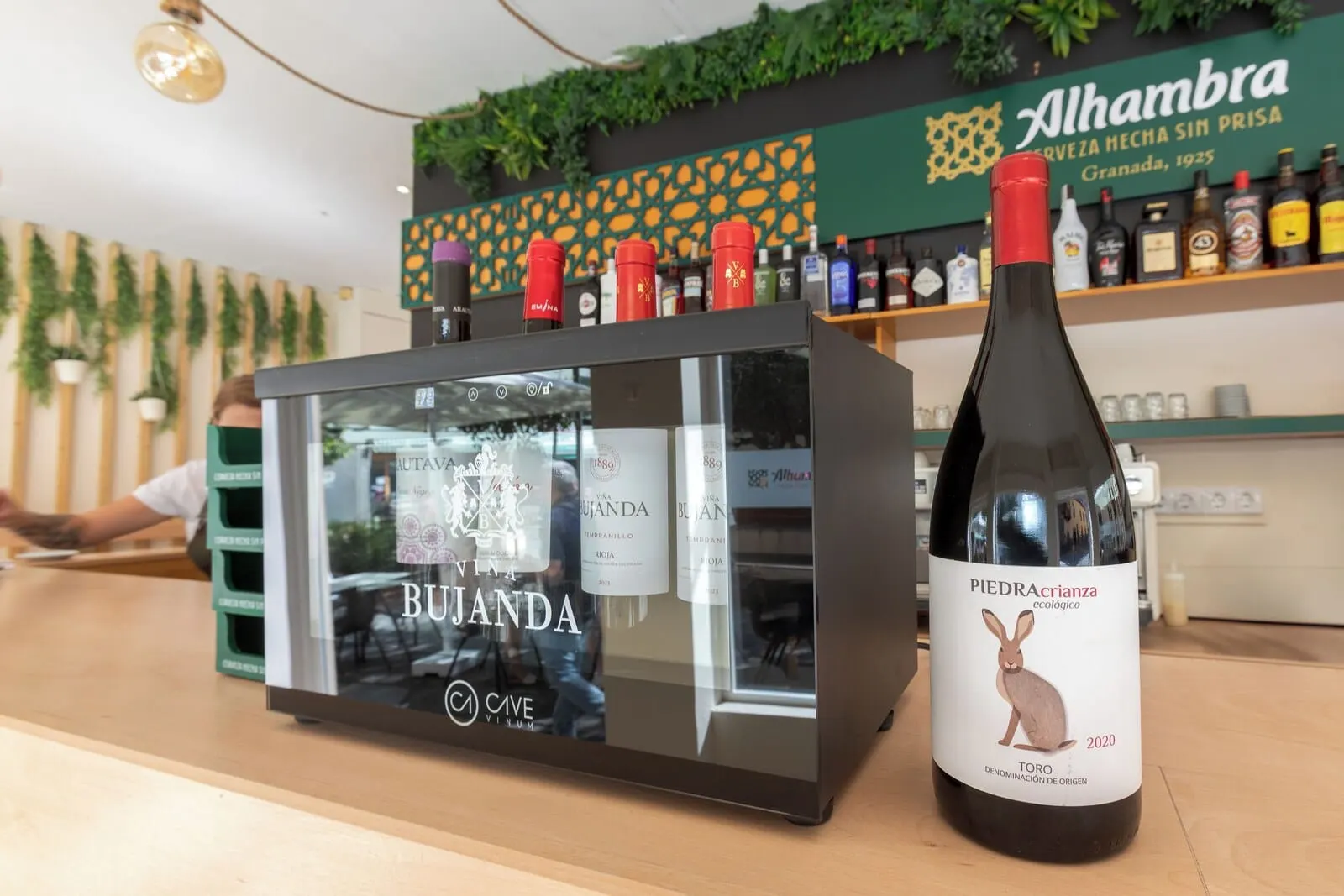 Hotel Boutique HC Maga: A wine bottle labeled 'Piedra Acribranzca' next to a wine cooler with 'BUJANDA' bottles