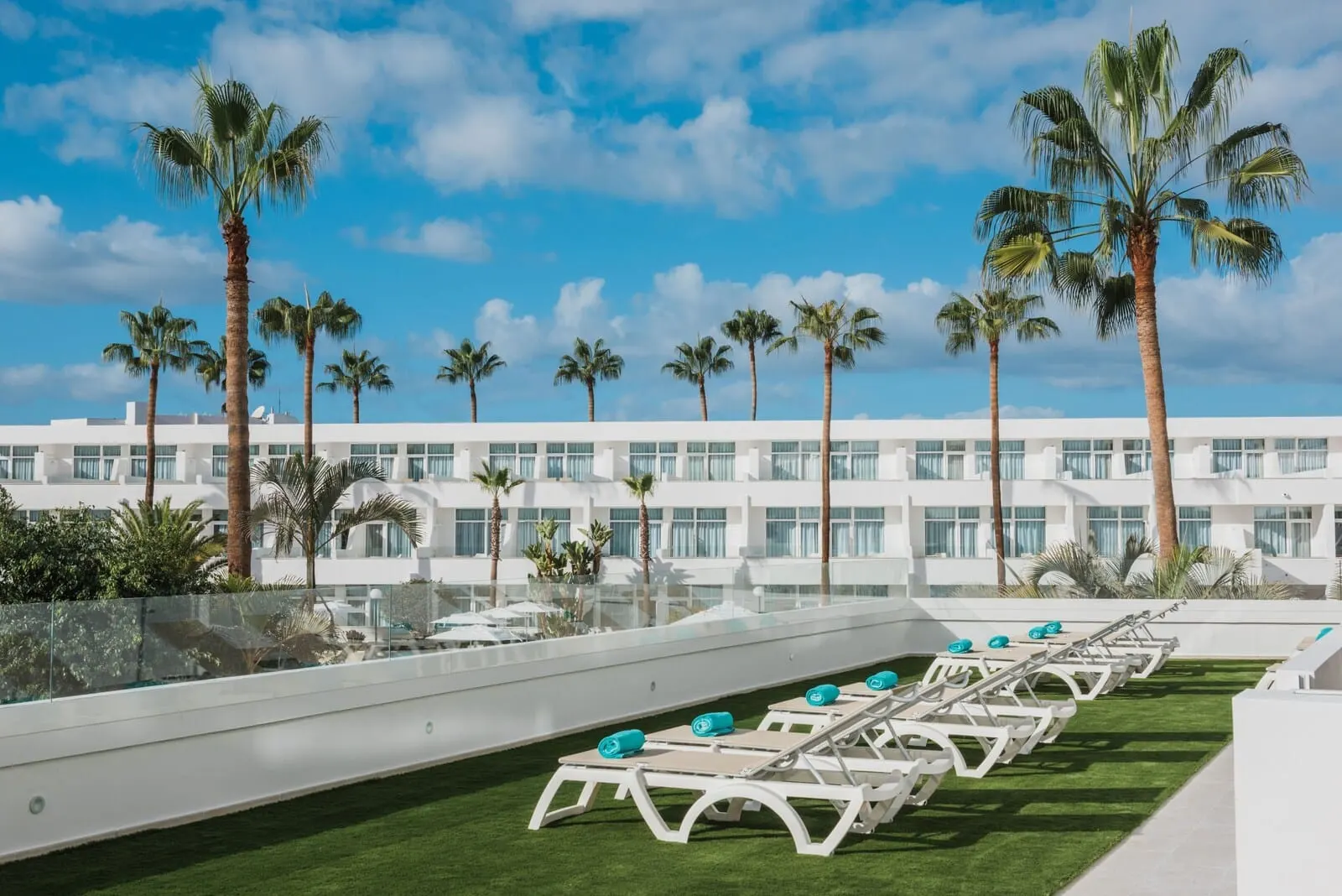 Iberostar Waves Las Dalias: A rooftop pool area with sun loungers, palm trees
