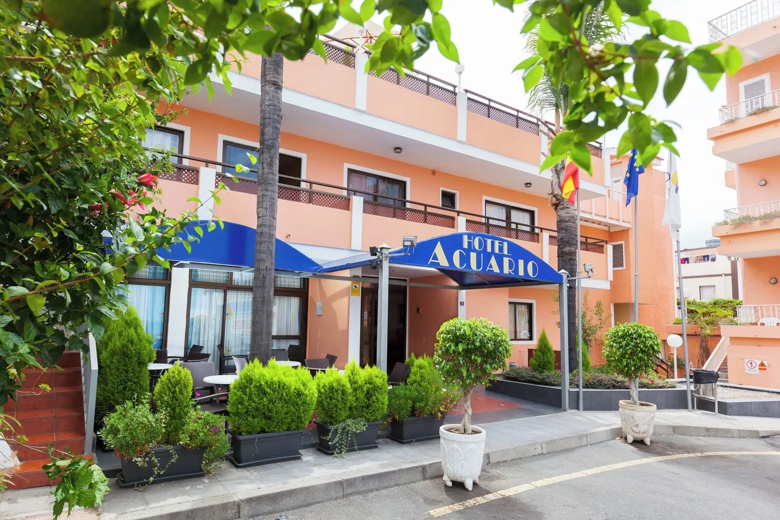 Globales Acuario: A hotel named 'Hotel Aquario' with outdoor seating and potted plants