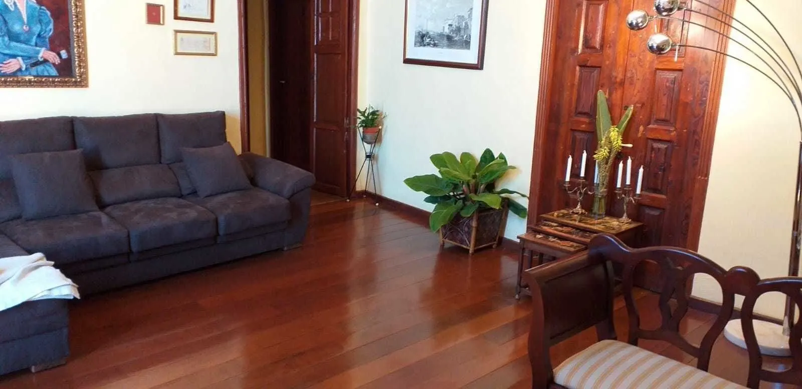 Hotel Rural La Raya 1866: A living room with a dark grey sofa, a wooden floor, a small table with a potted plant
