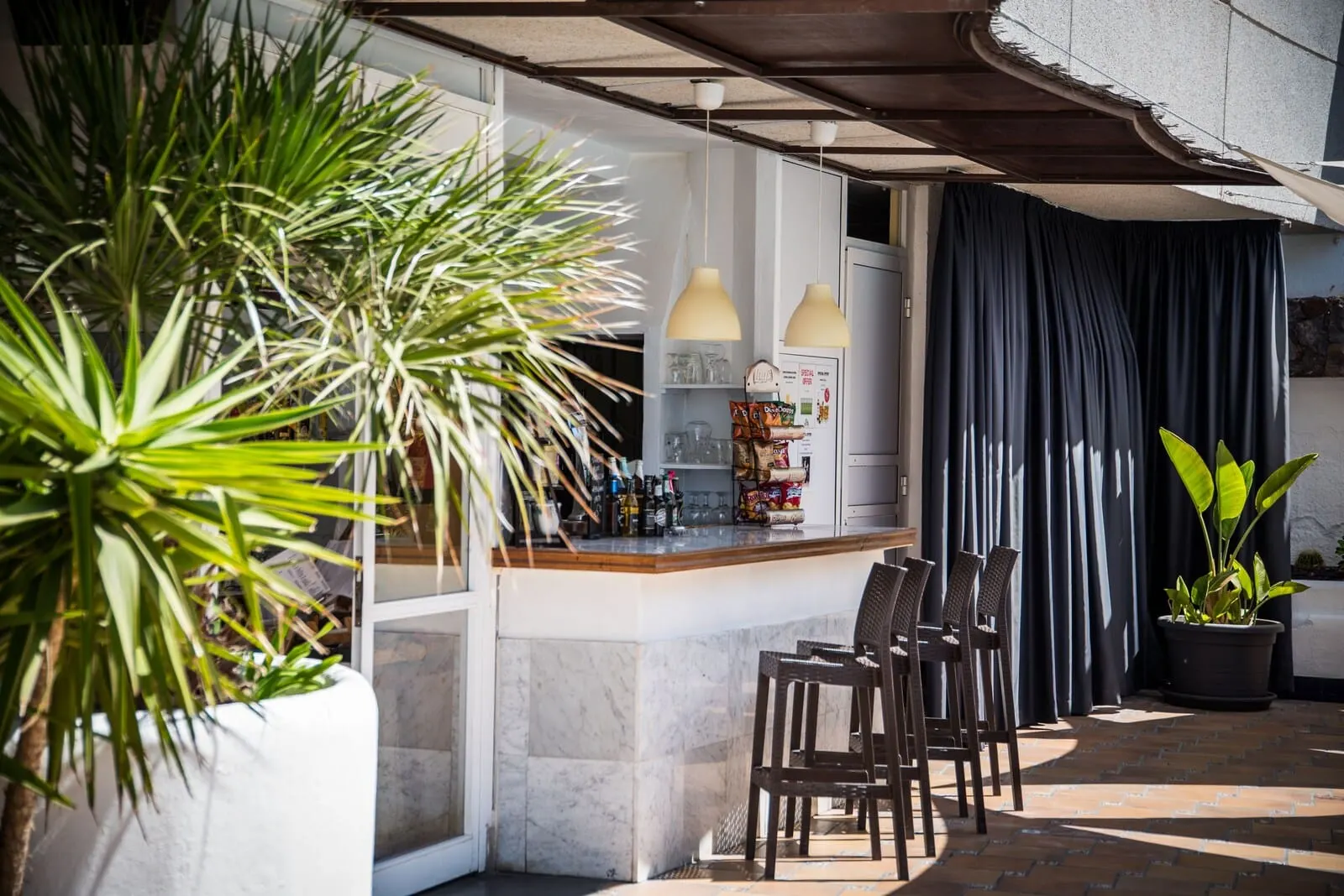 Vigilia Park: A bar area with a counter, chairs, and potted plants