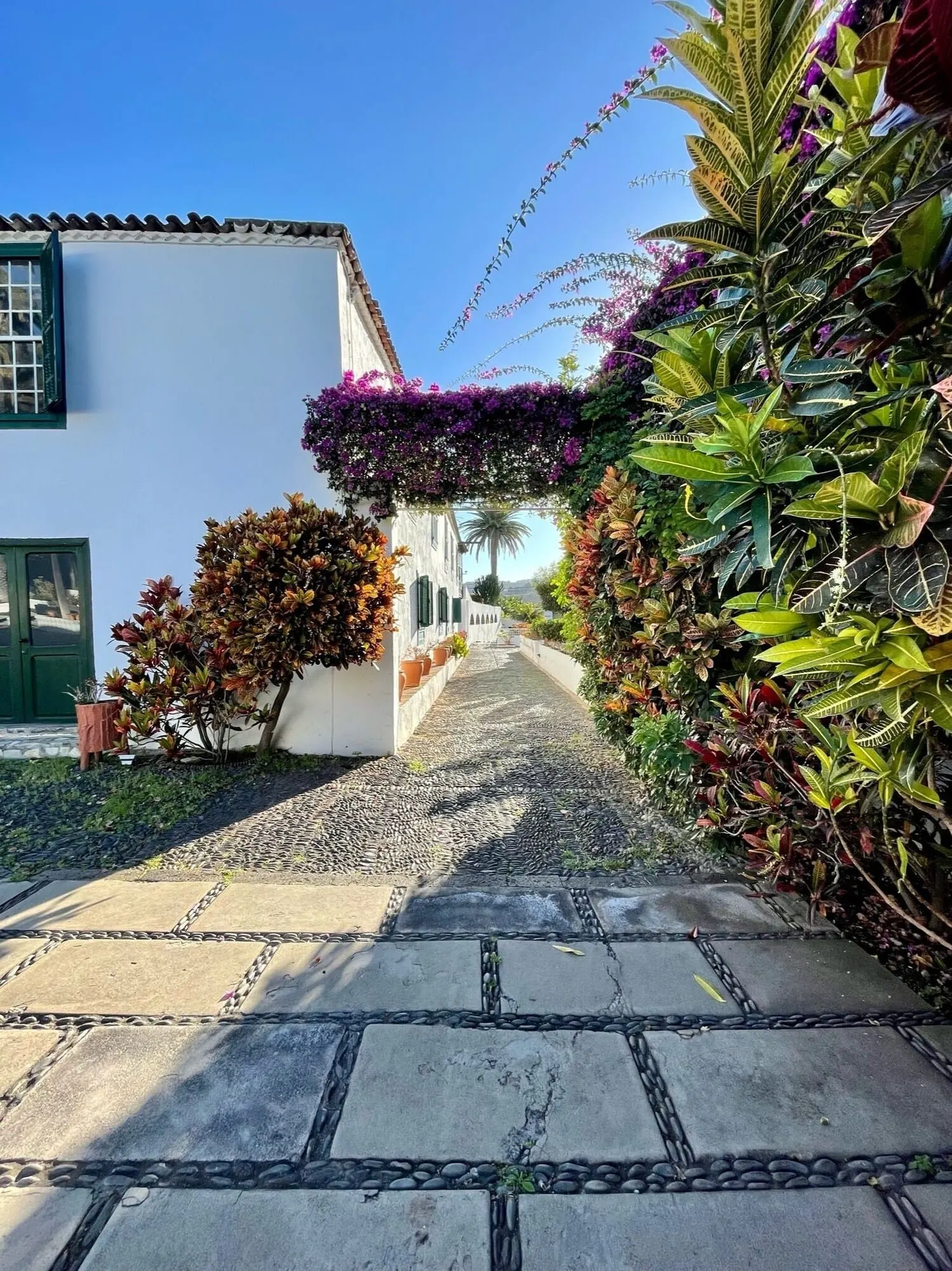 Hotel El Patio: A cobblestone pathway leading to a white building with green shutters and a balcony