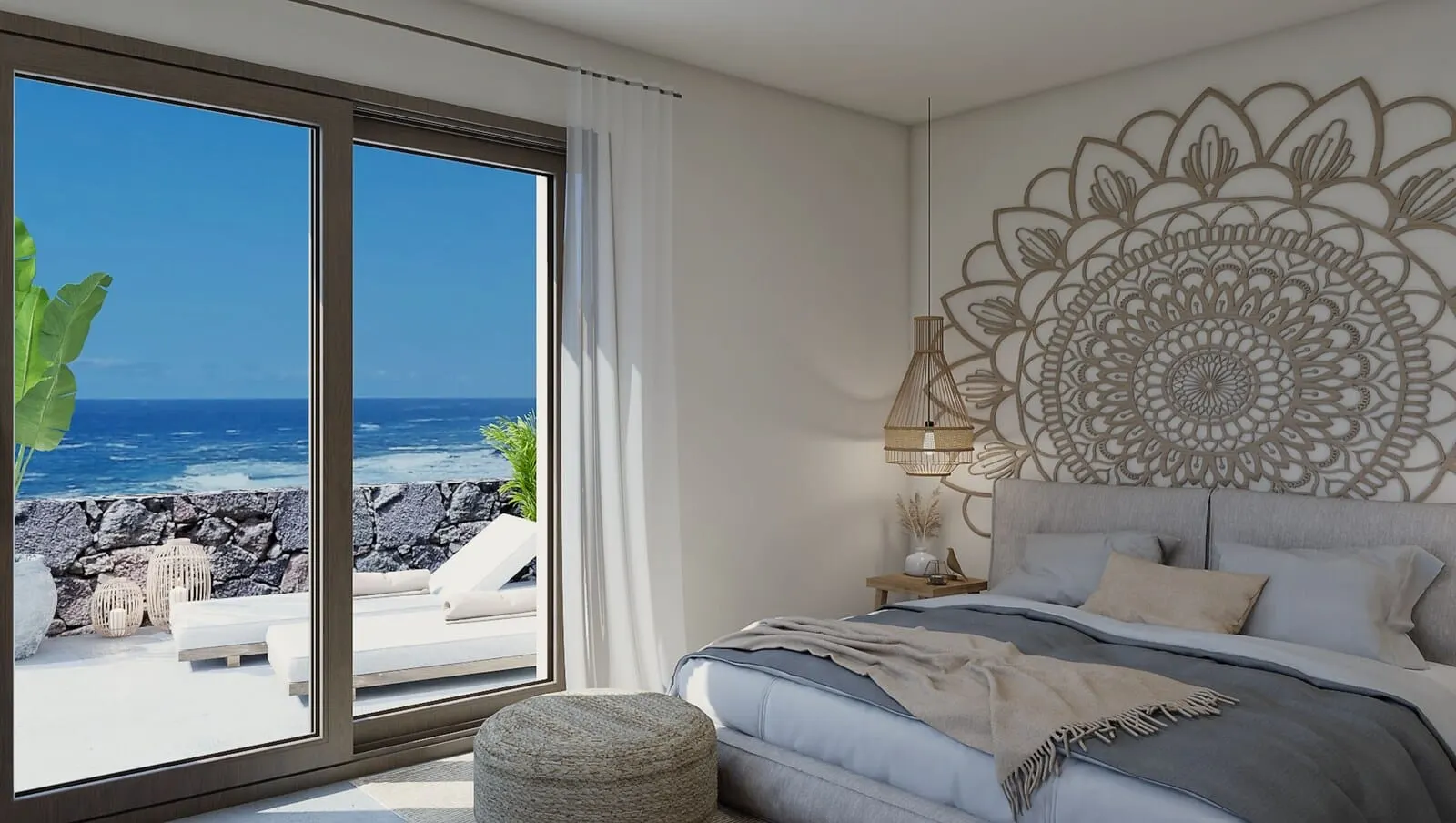 Costa Mágica Boutique Hotel: A bedroom with a large window overlooking the ocean, a bed with a patterned headboard