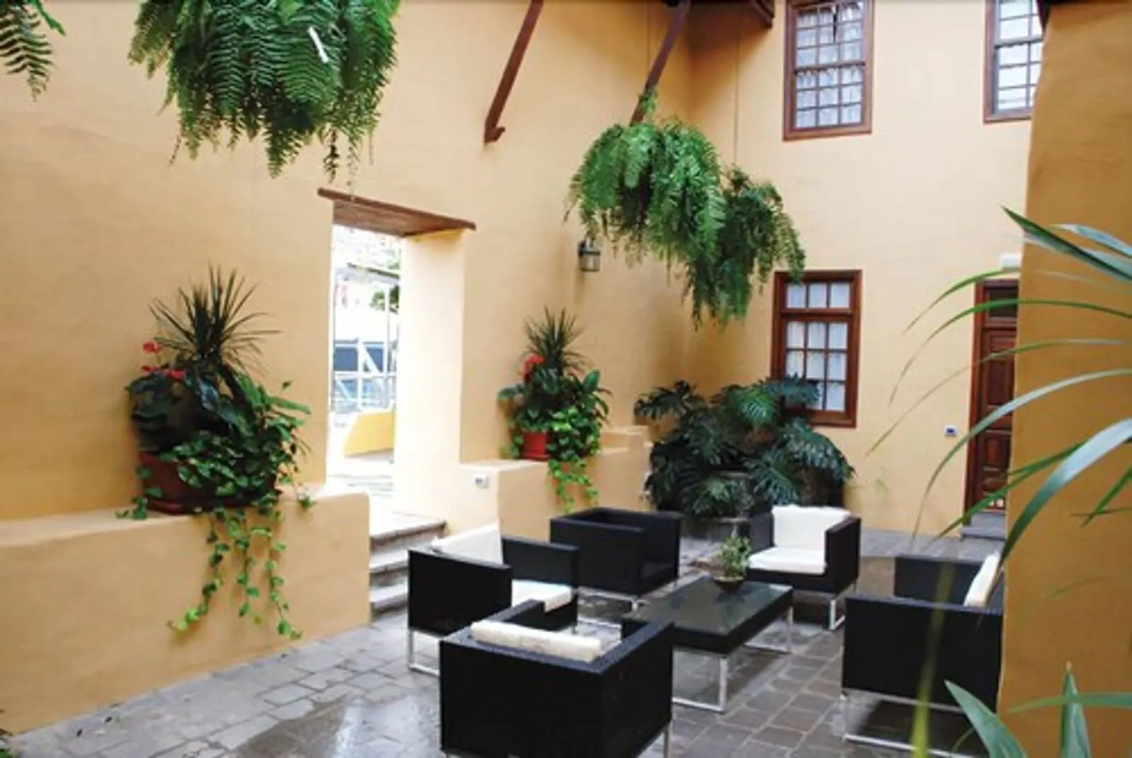 Hotel Rural Bentor: An indoor patio area with black and white furniture, potted plants, and a yellow wall