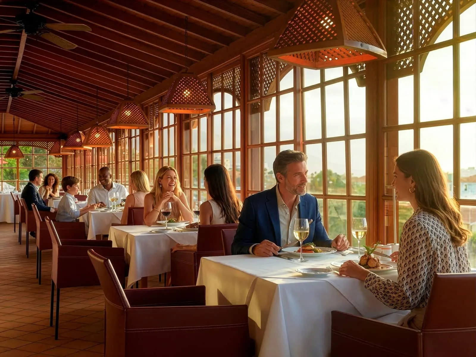 Hotel Botánico & The Oriental Spa Garden: A restaurant with wooden beams, large windows, and tables set for dining