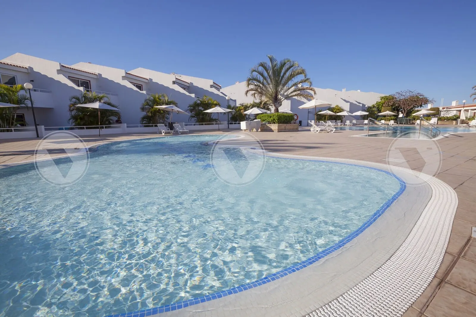 Malibu Park: A swimming pool with clear water, surrounded by lounge chairs and umbrellas