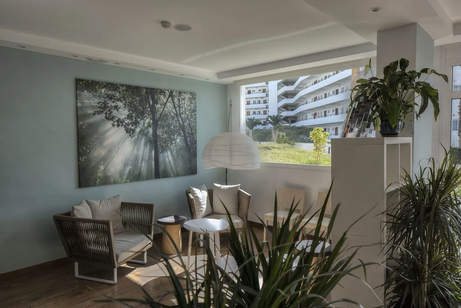 Coral Ocean View: A modern living room with a large window, a painting, and a potted plant