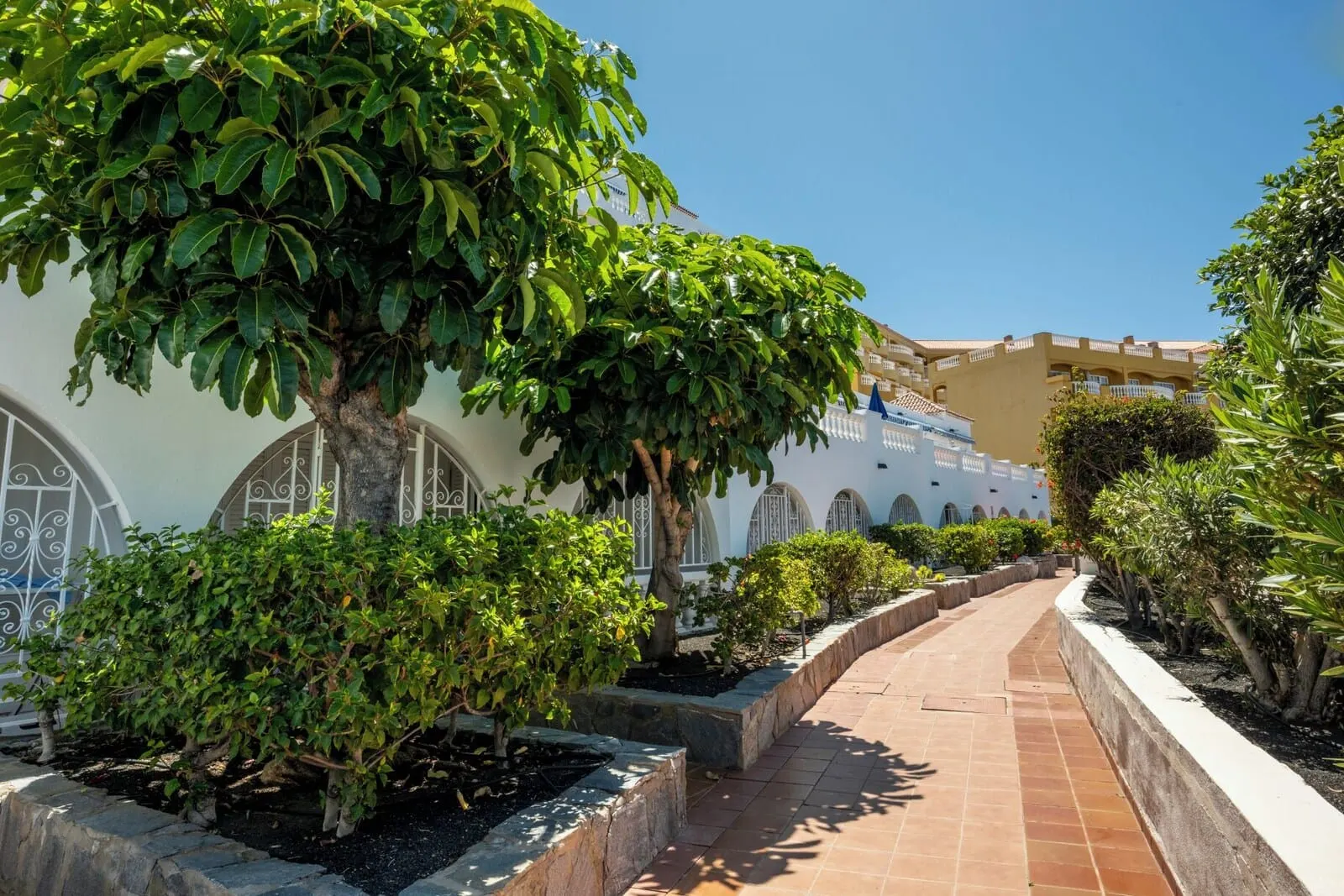 Ona El Marqués: A pathway flanked by neatly trimmed hedges and trees