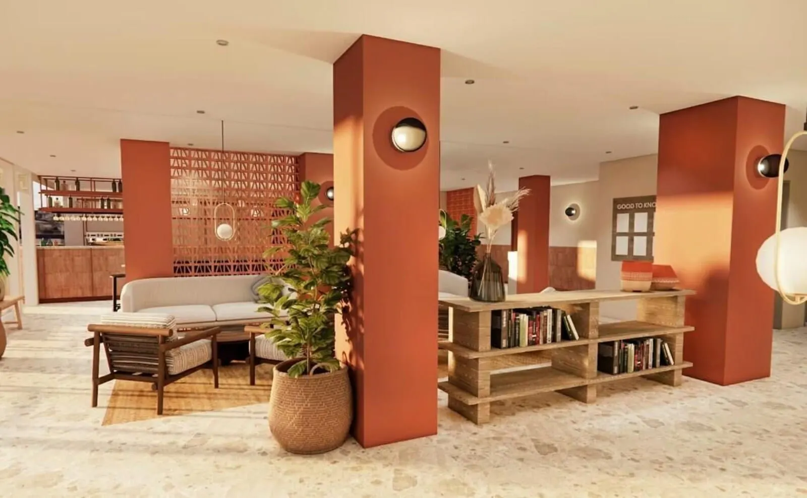 Coral California: A modern lobby with a sofa, a bookshelf, and a decorative wall panel