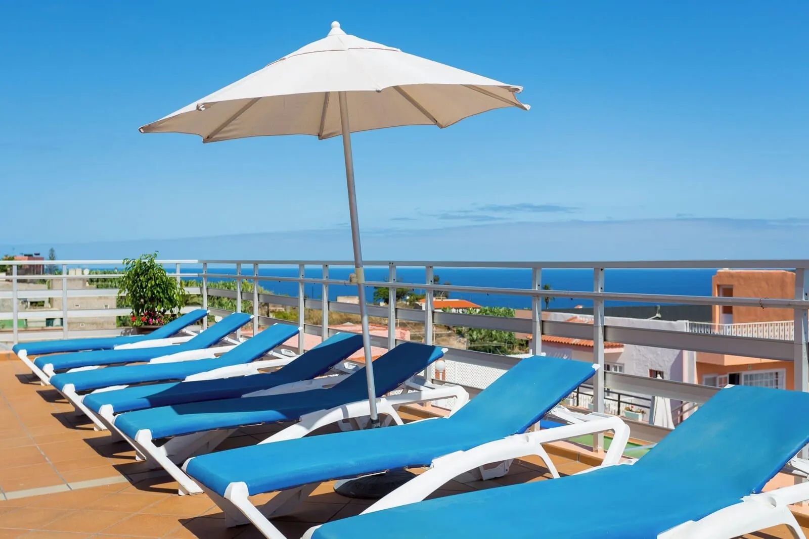 Globales Acuario: A terrace with sun loungers and a beach umbrella