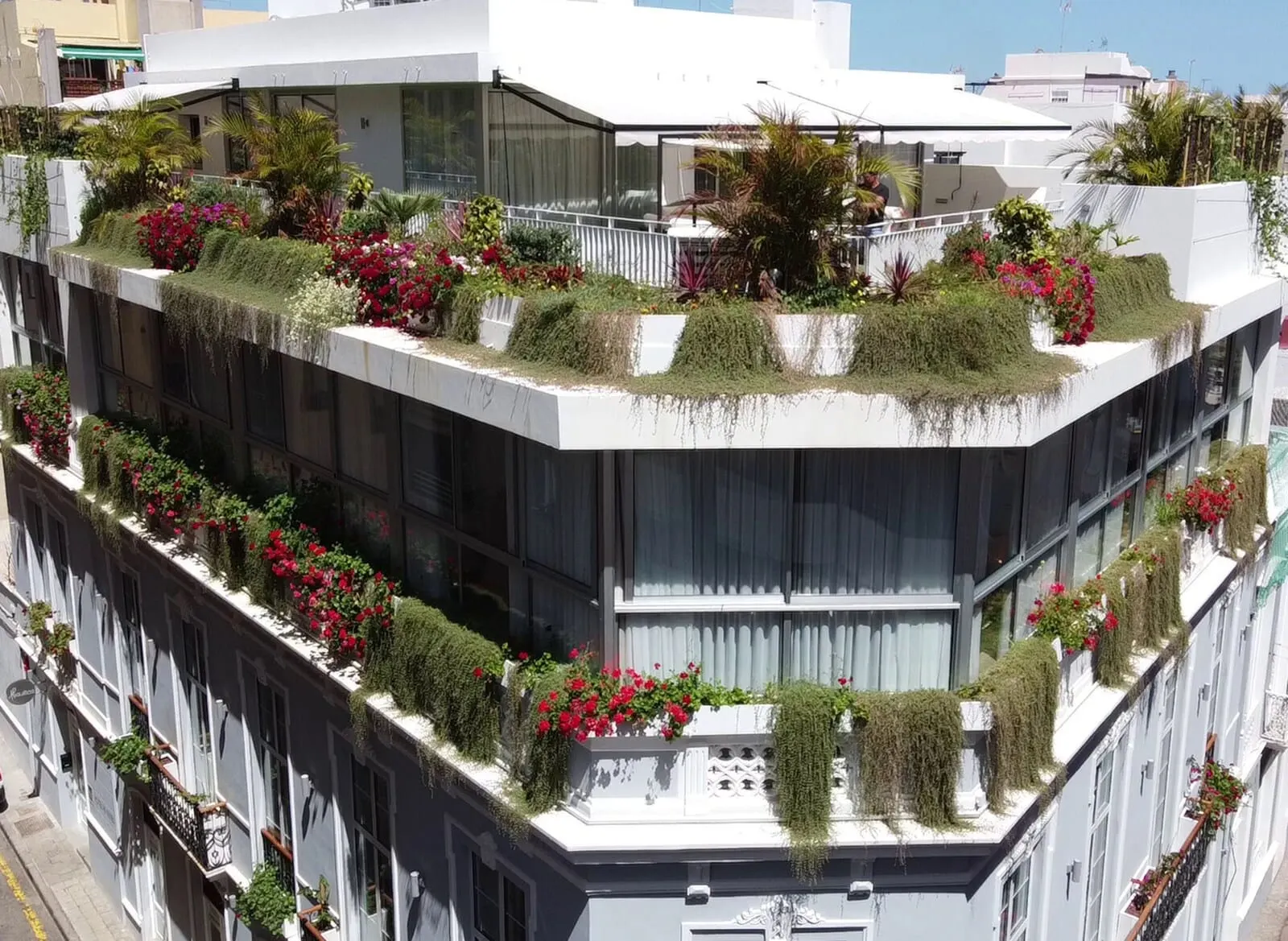 Hi Suites: A modern building with multiple balconies, some with greenery and flowers