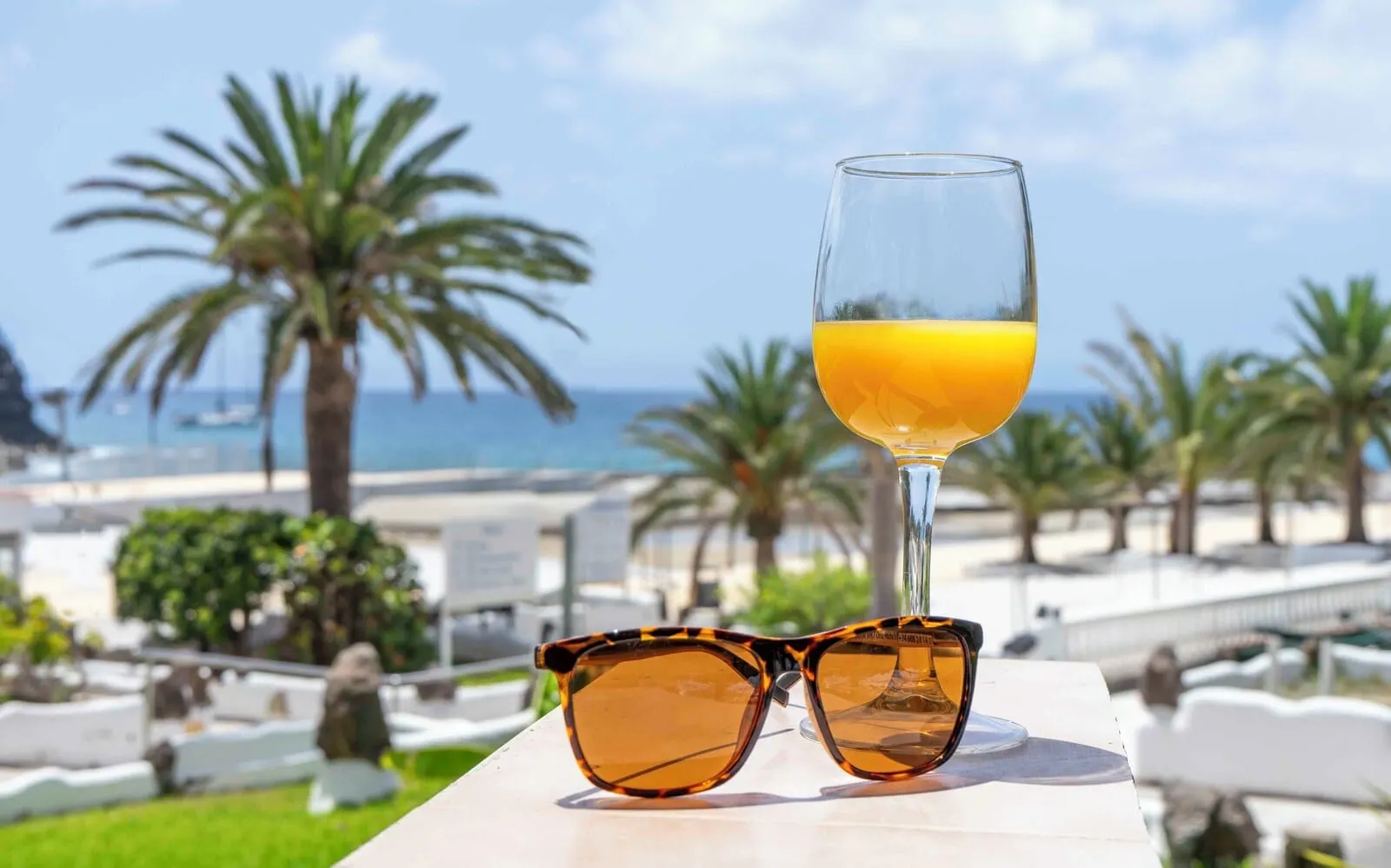 Ona Alborada: Sunglasses and a glass of orange juice on a table with a view of the beach and palm