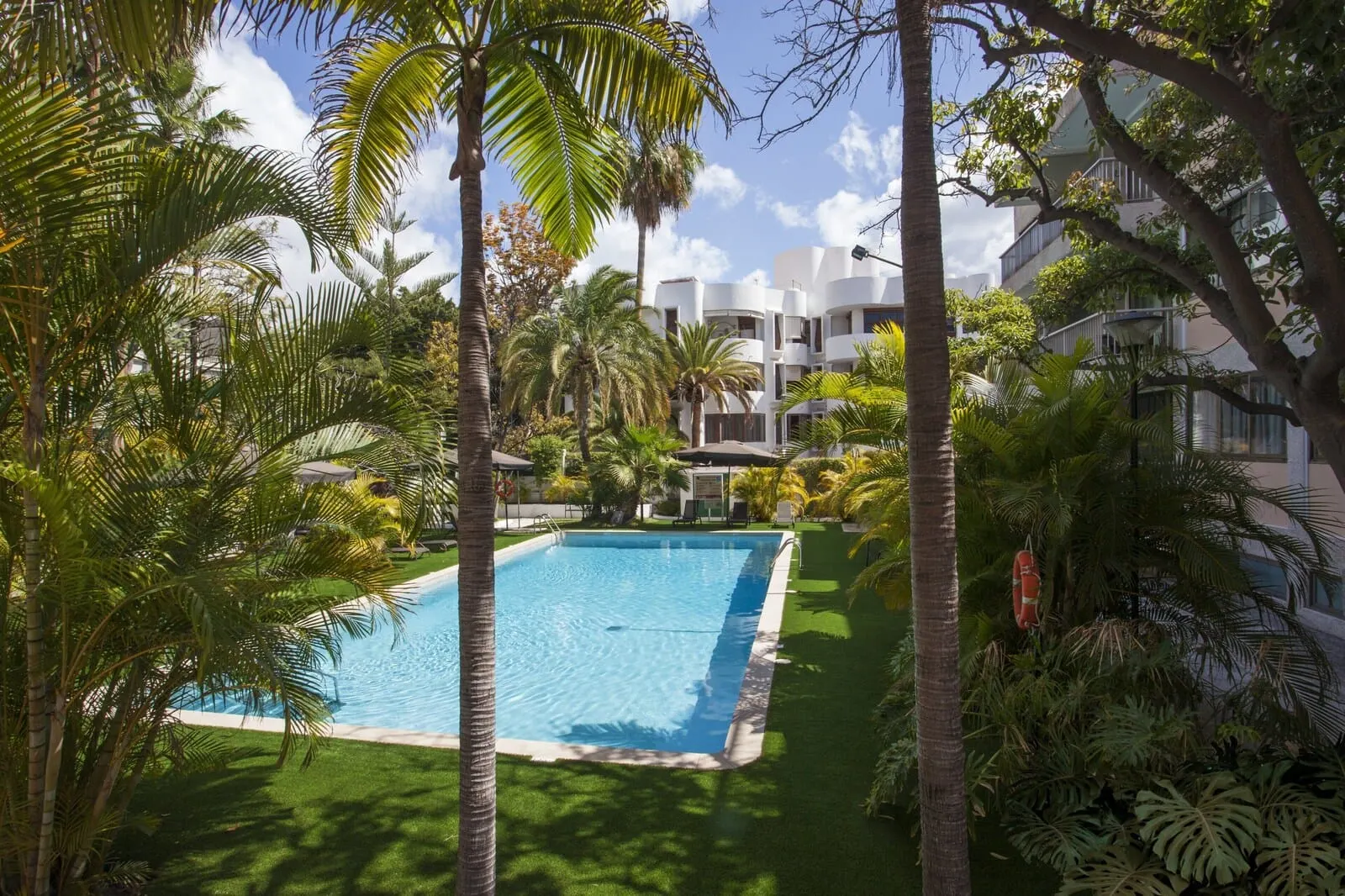 Hotel Colón Rambla: A swimming pool surrounded by palm trees and a building with balconies