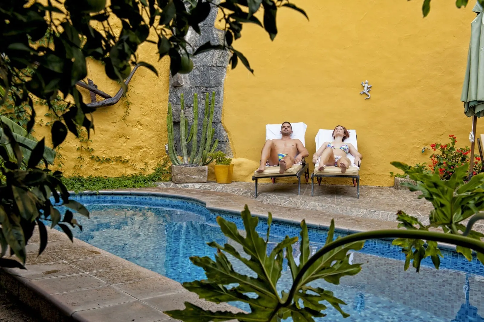 Hotel Rural Senderos de Abona: A poolside area with two lounge chairs, a yellow wall, and a cactus plant