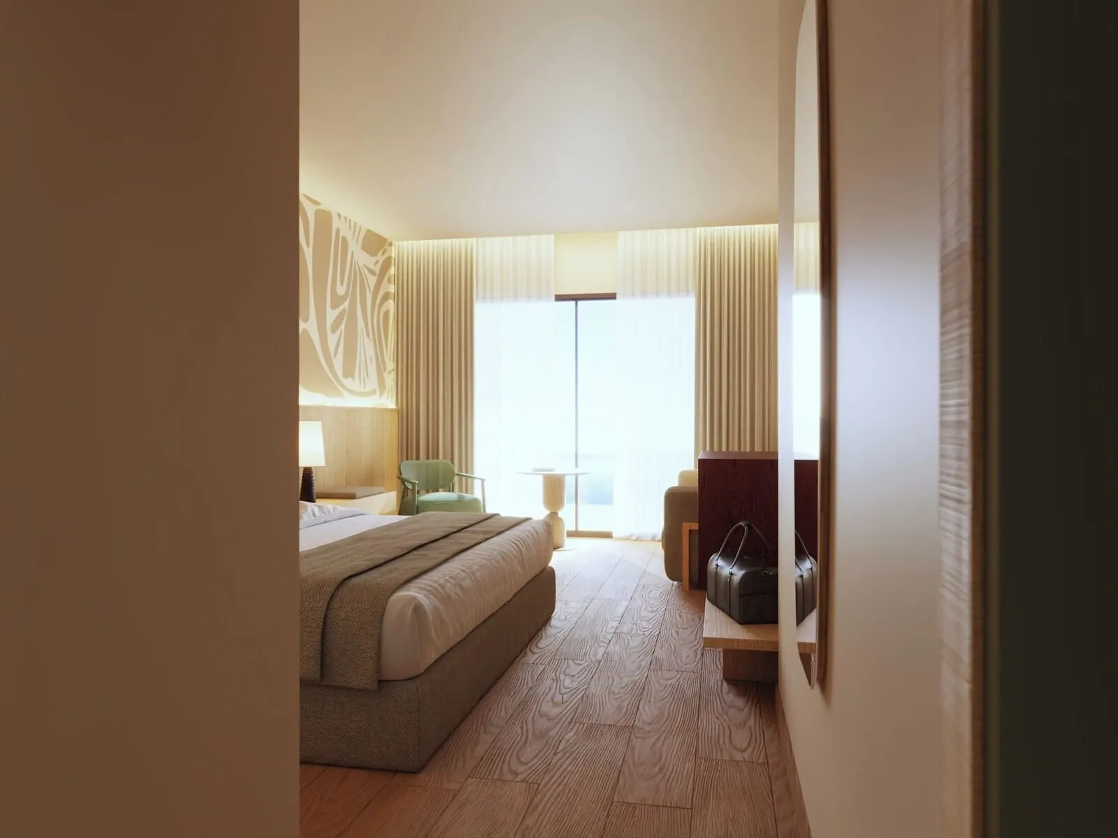 Bahia Principe Explore Costa Adeje: A hotel room with a bed, a chair, a table, and a suitcase