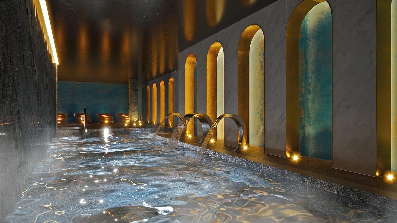 Silken Saaj Maar: A luxurious indoor pool area with a long, narrow pool, multiple water features