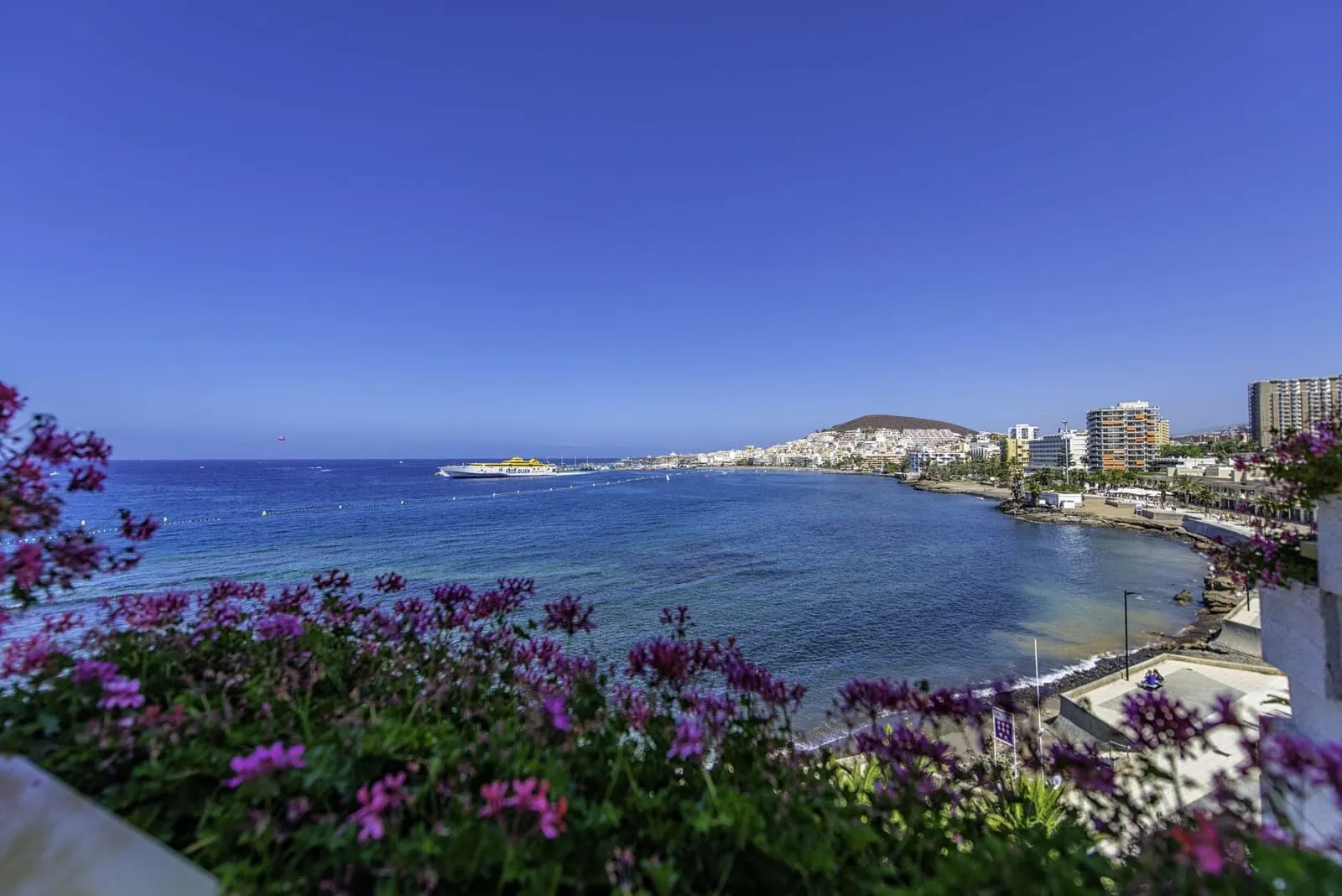 Arona Gran Hotel: A coastal cityscape with a clear blue sky, a calm sea, and buildings along the shore