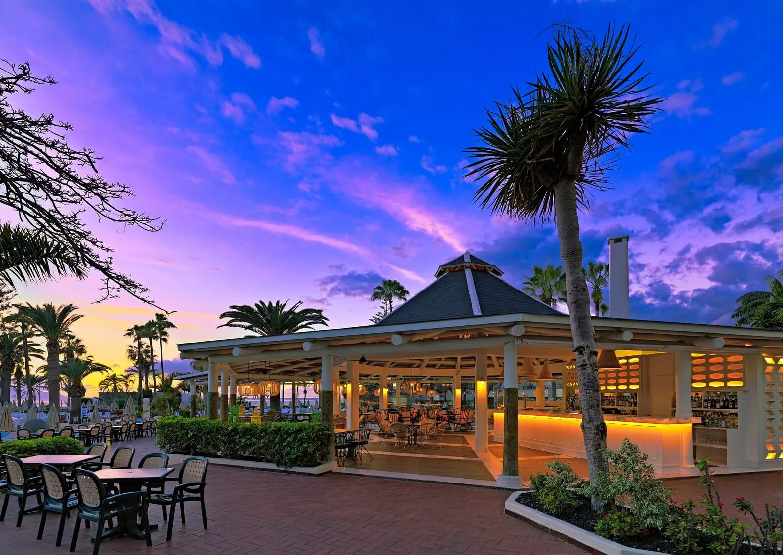 H10 Las Palmeras: A covered outdoor seating area with tables and chairs, a bar, and palm trees