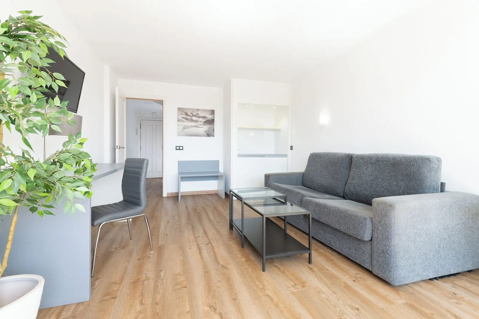 Olé Tropical Tenerife: A modern living room with a grey sofa, a glass coffee table, a grey chair