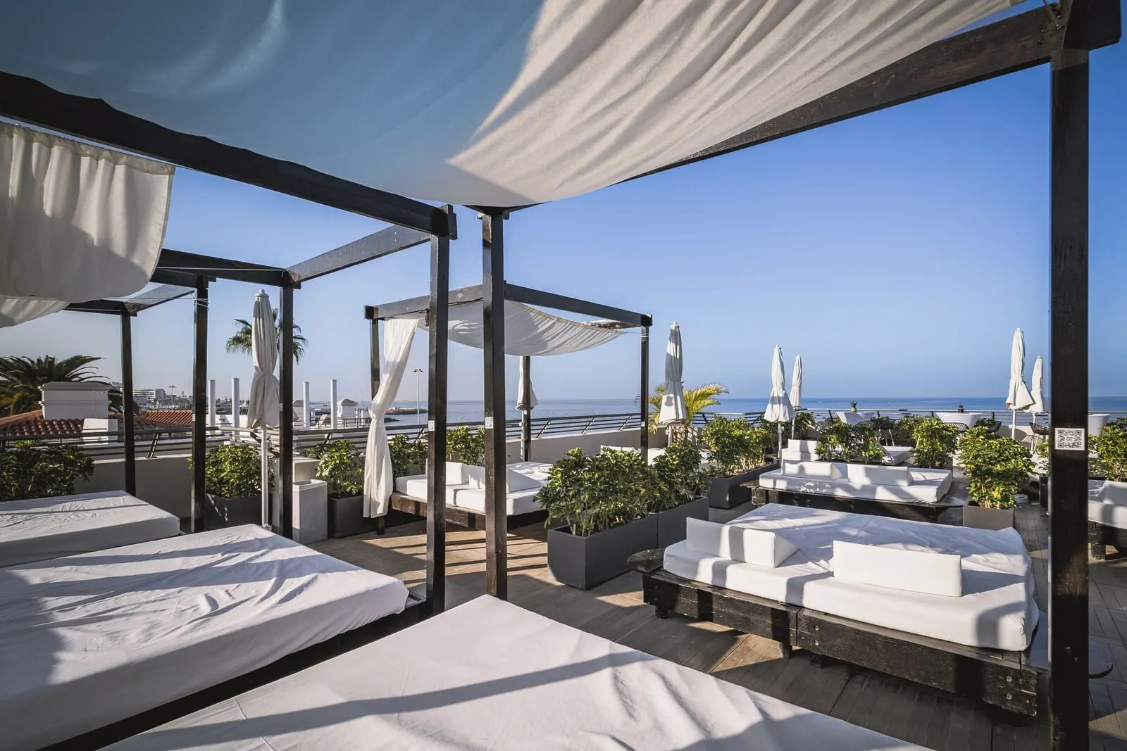 Los Olivos Beach Resort: A rooftop lounge with white cushioned seating, potted plants, and a view of the sea
