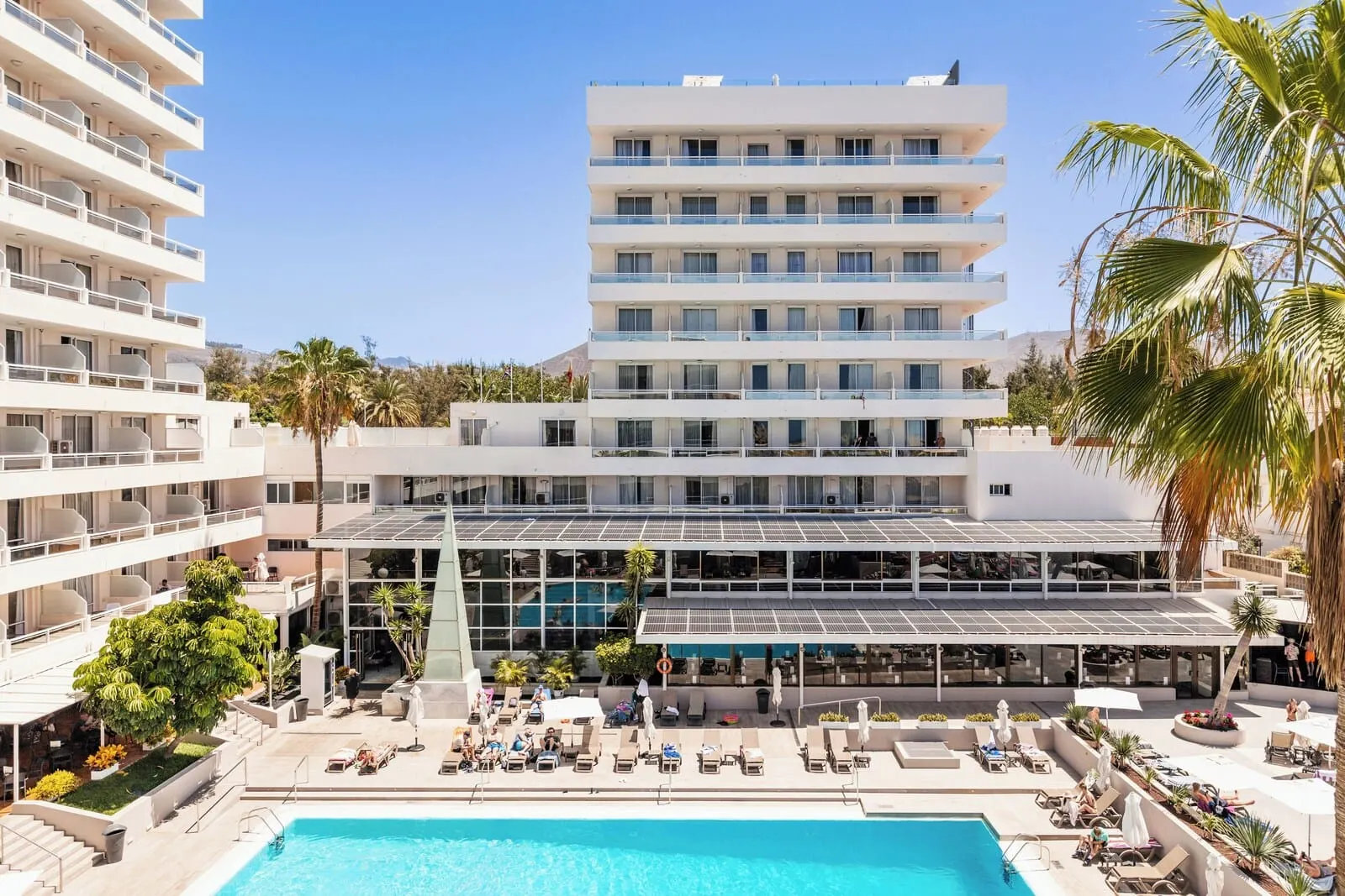 Catalonia Oro Negro: A hotel with multiple floors, a rooftop pool area with sun loungers