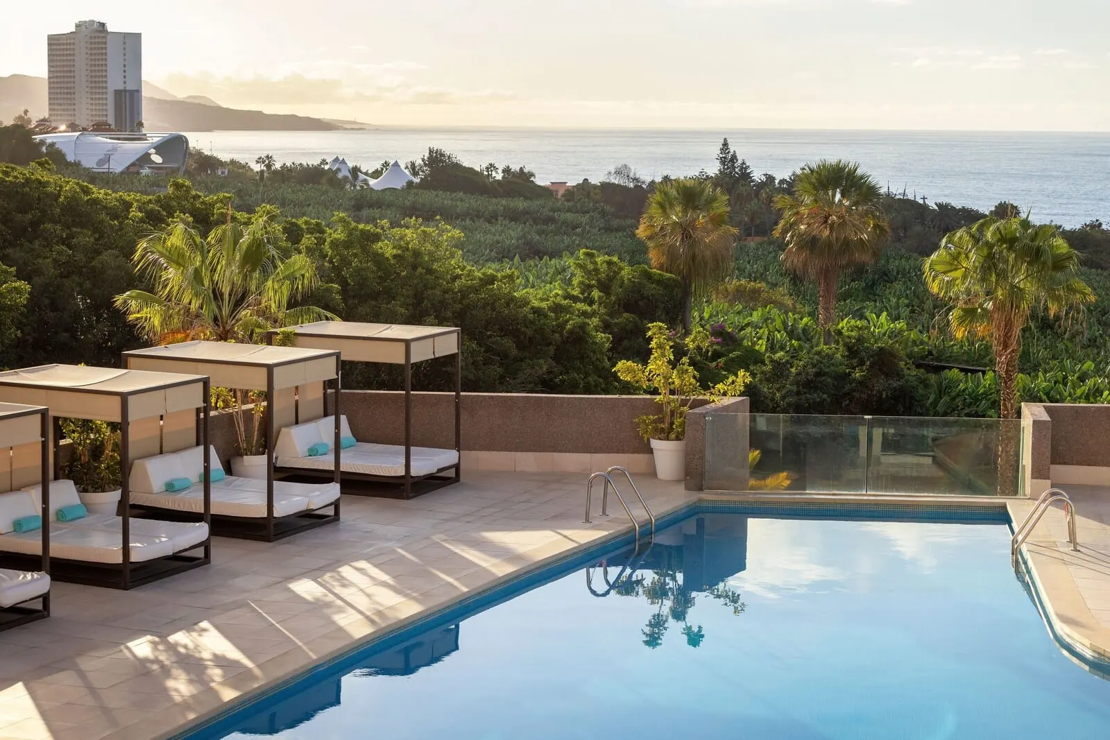 AluaSoul Orotava Valley: A poolside area with lounge chairs and a view of the ocean