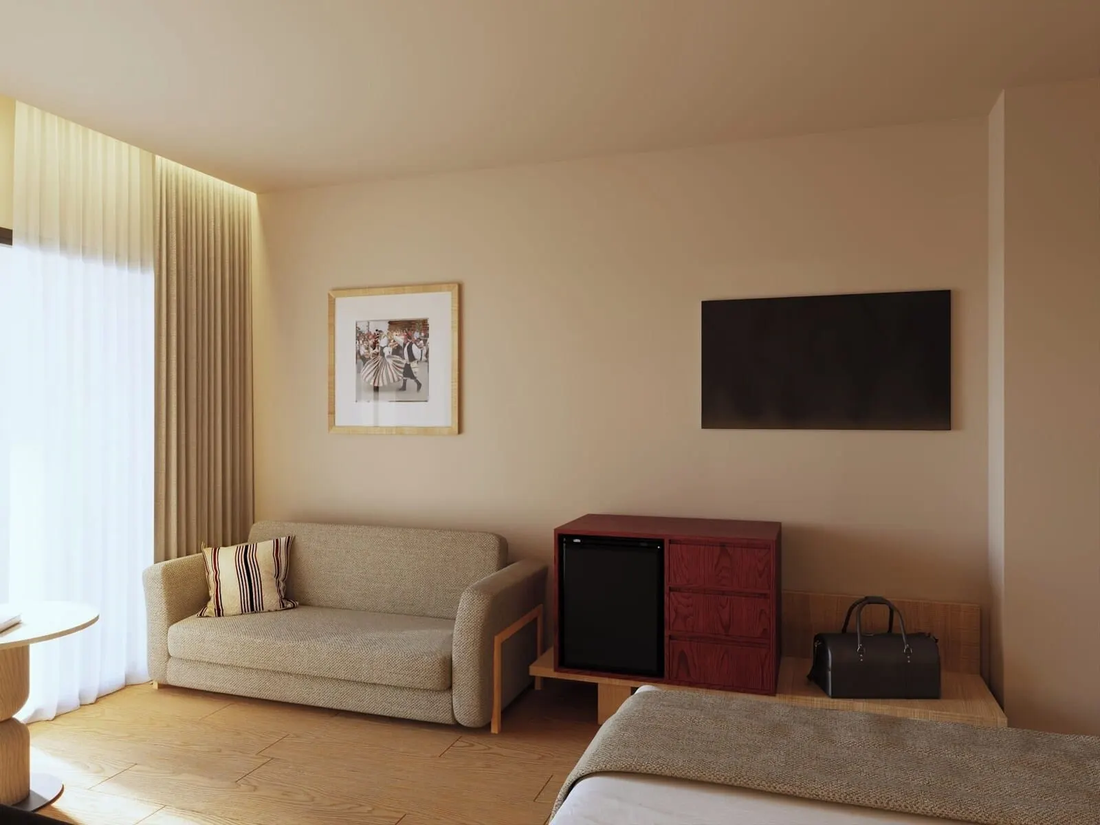 Bahia Principe Explore Costa Adeje: A hotel room with a sofa, a TV stand, a bed, and a framed picture on the wall