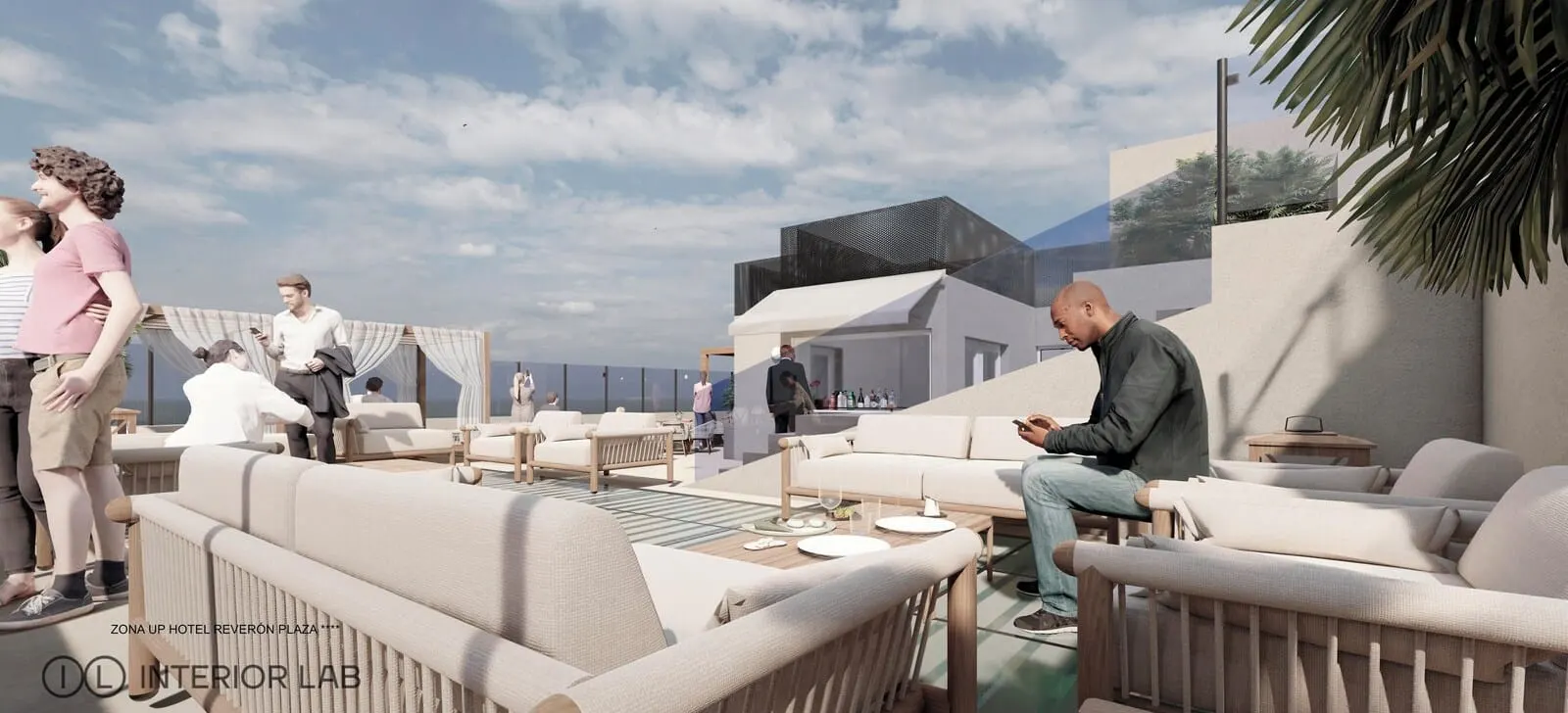 Hotel Reverón Plaza: A rooftop lounge area with outdoor seating, a bar, and a view of the city skyline