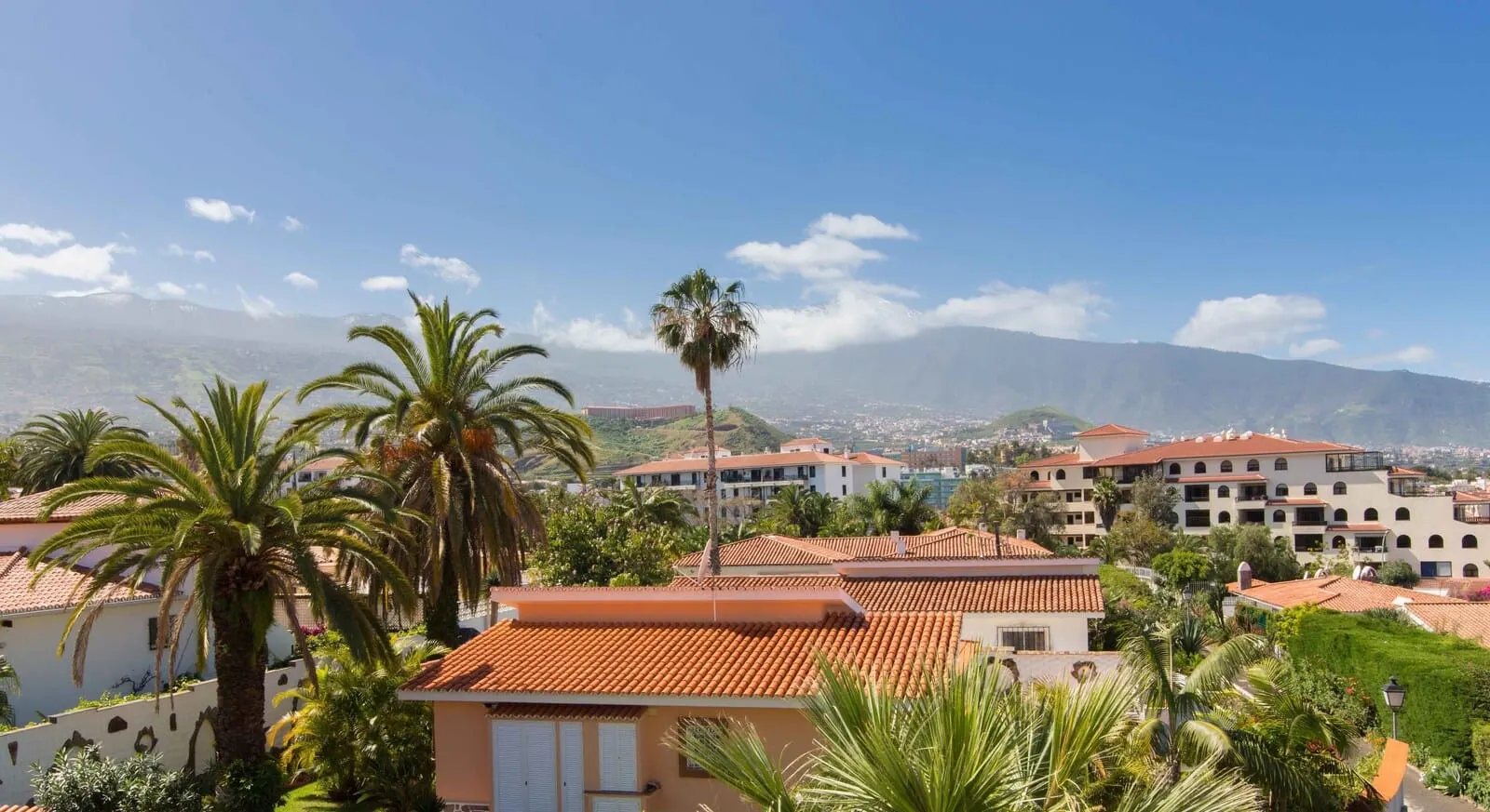 Apartamentos La Carabela: A coastal town with terracotta-roofed buildings, palm trees