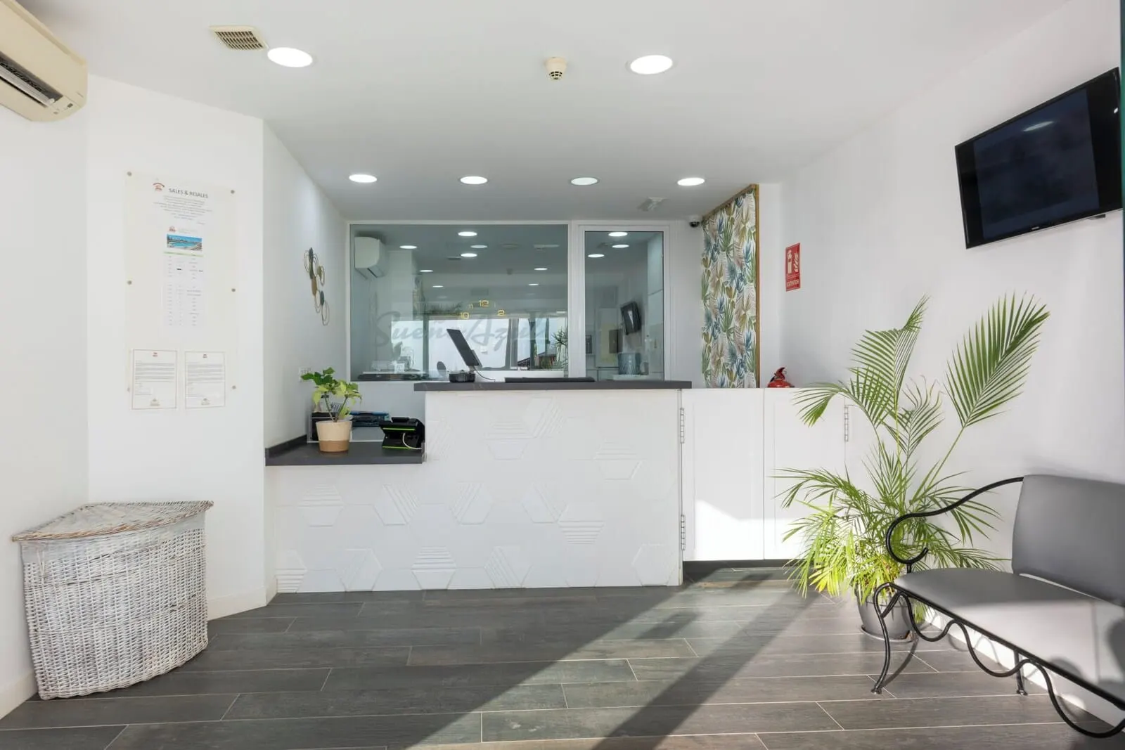 Ona Sueño Azul: A reception area with a counter, seating, and a potted plant