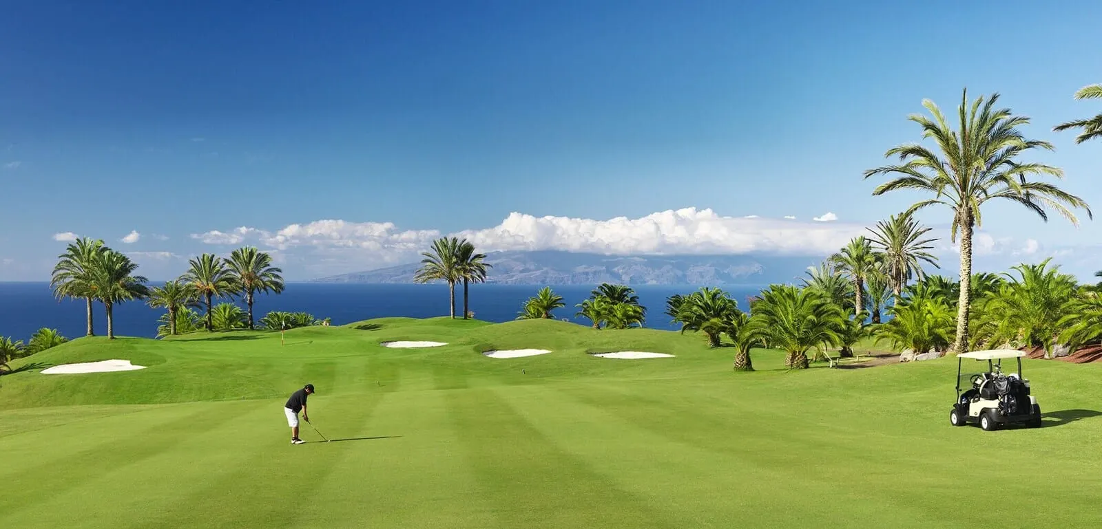 Los Jardines de Abama Suites & Villas: A golf course with a clear view of the ocean, palm trees, and a golf cart