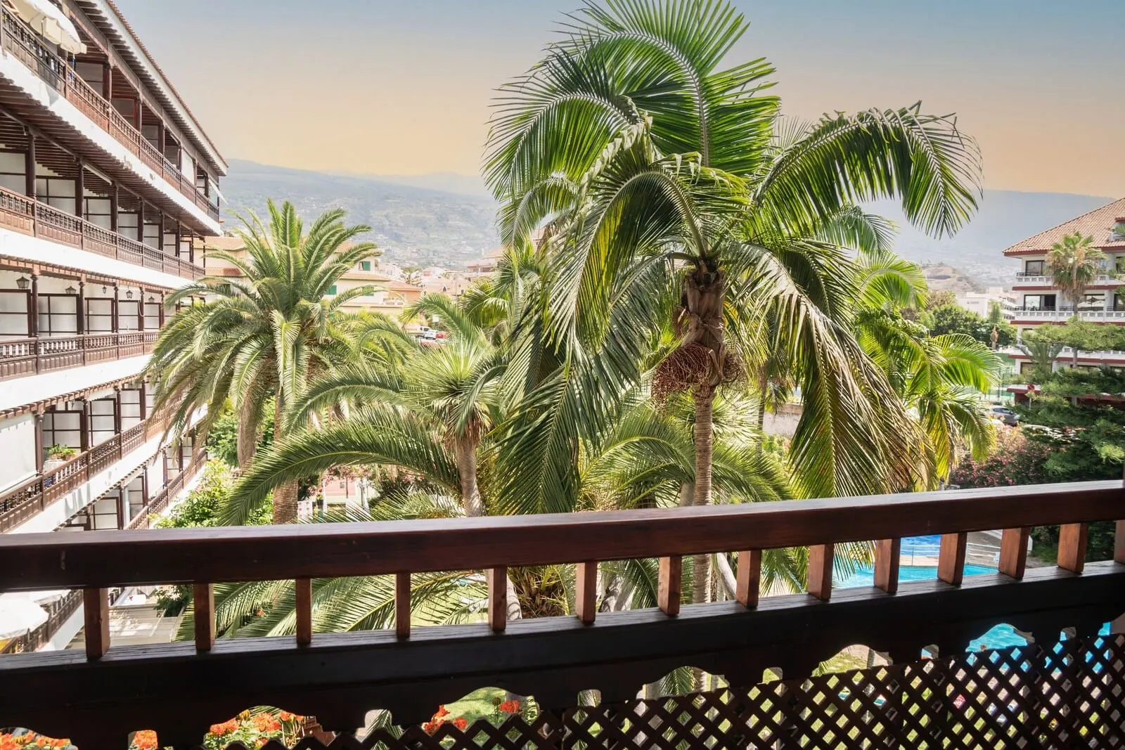 Coral Teide Mar: A balcony with a view of palm trees and a distant cityscape