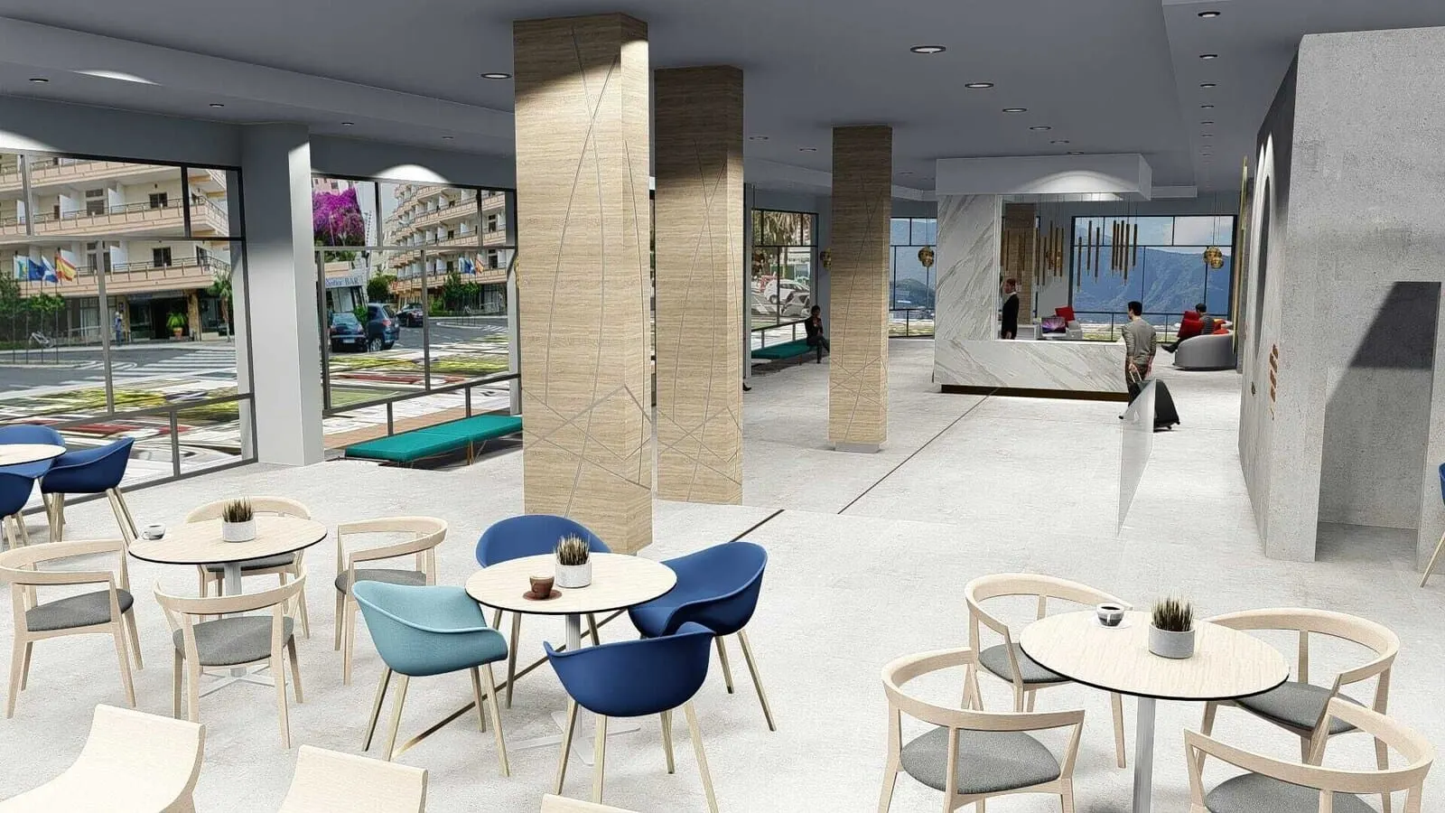 AF Valle Orotava Hotel: A modern cafe with round tables and chairs, large windows, and a view of the cityscape