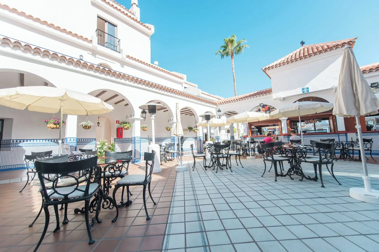 Ona Beverly Hills Heights: A courtyard with outdoor seating, white walls, and a palm tree