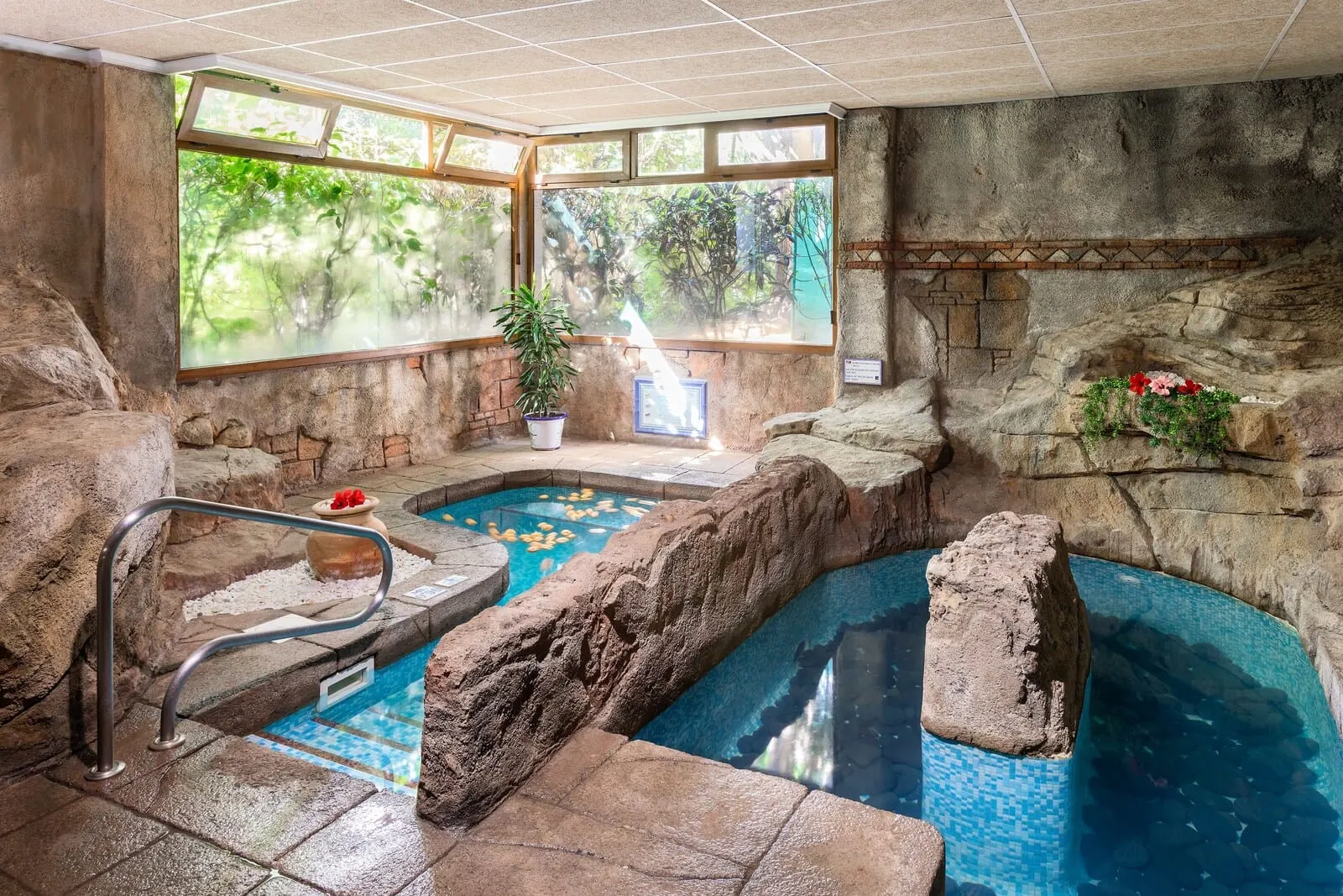 BLUESEA Costa Jardín & Spa: A pool area with a view of trees, a potted plant, and a stone wall